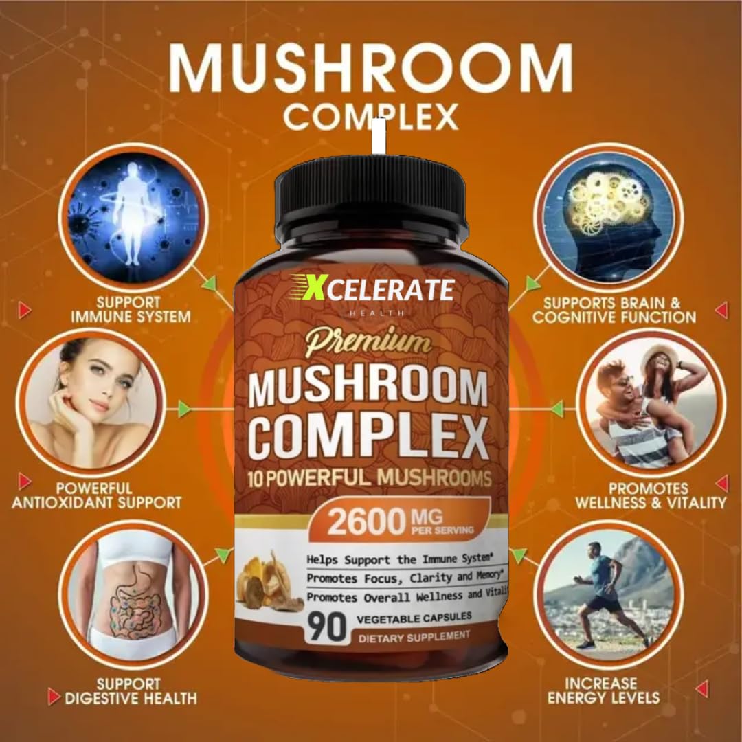 Xcelerate Health 10-in-1 Mushroom Complex Capsules – Lion’s Mane, Cordyceps, Reishi, Turkey Tail, Shiitake, Maitake, Royal Sun, White Button, Black Fungus & More – Immune, Focus & Energy Support