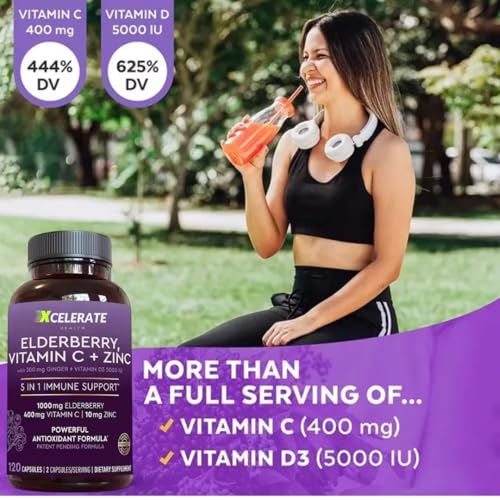 5 in 1 VitalGuard Elderberry Vitamin C Vitamin D Zinc and Ginger for Digestion and Heart Health and Immune Support