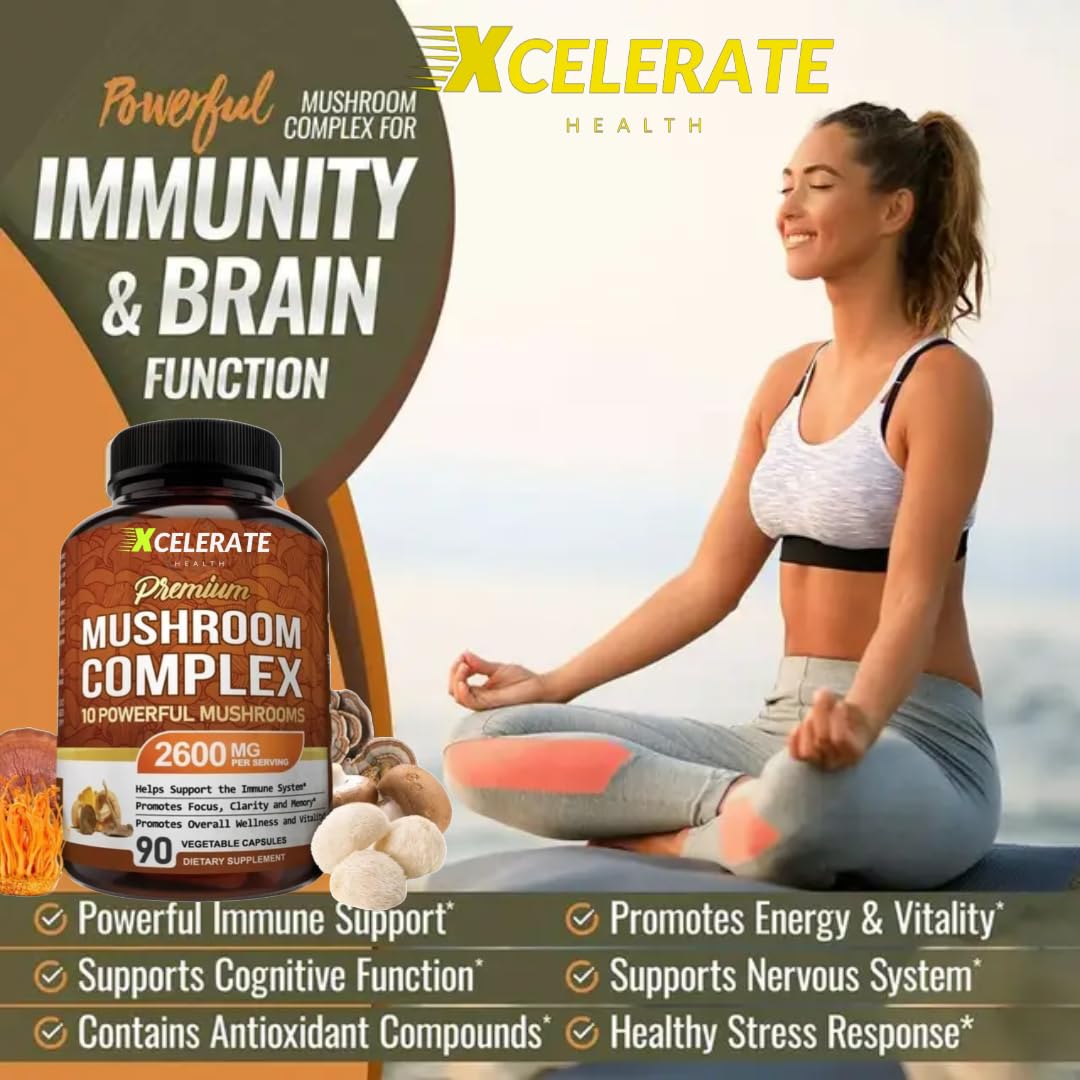 Xcelerate Health 10-in-1 Mushroom Complex Capsules – Lion’s Mane, Cordyceps, Reishi, Turkey Tail, Shiitake, Maitake, Royal Sun, White Button, Black Fungus & More – Immune, Focus & Energy Support