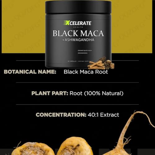 Xcelerate Health PowerBoost 40:1 Extract Black Maca + Ashwagandha by – Energy, Focus, Libido & Vitality Support – Herbal Adaptogen Blend for Men & Women – 60 CAPS 40,000 MG