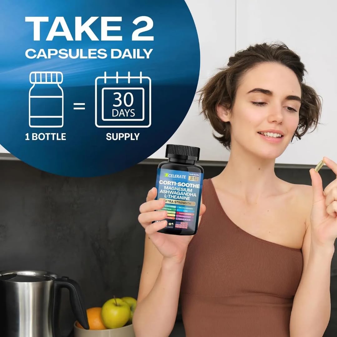 13 in 1 Corti-Soothe Ashwagandha, Holy Basil, Lion’s Mane, Magnesium, L-Theanine, Ginseng, Valerian Root, Magnolia Bark, Ginkgo Biloba, Panax Ginseng GABA Cortisol Supplement