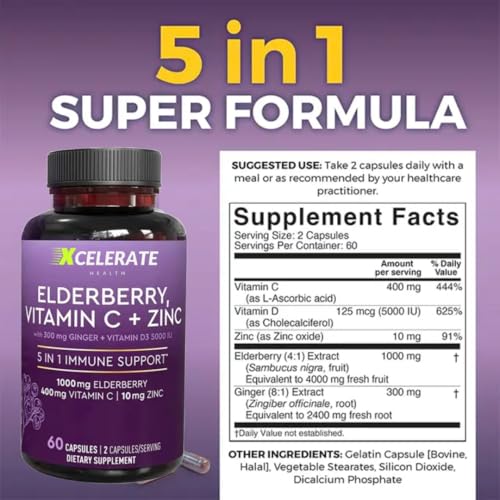 5 in 1 VitalGuard Elderberry Vitamin C Vitamin D Zinc and Ginger for Digestion and Heart Health and Immune Support