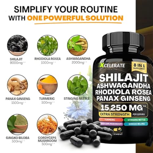 ShilaGandha Shilajit Ashwagandha Ginseng Cordyceps Turmeric Rhodiola Rosea Stinging Nettle Blend - 8 All-in-One Supplement - 2 Month Supply