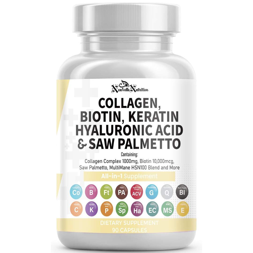 Collagen, Biotin, Keratin, Hyaluronic Acid, Saw Palmetto, Vitamin C, PABA, Pumpkin Seed, Quercetin, ACV, Folate, MSM, Vitamin E & Black Pepper – 90 Capsules