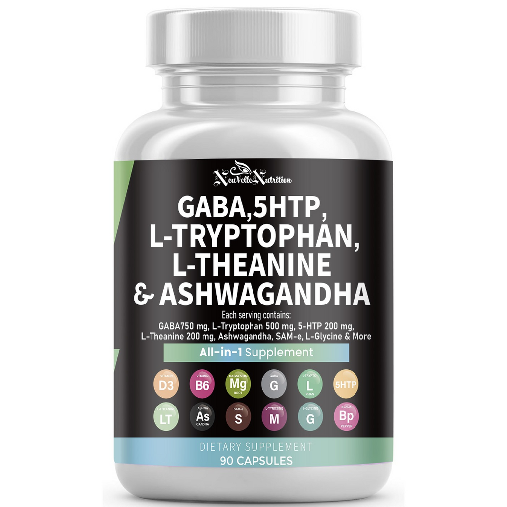 GABA, 5-HTP, L-Tryptophan, L-Theanine, Ashwagandha, Vitamin D3, B6, Magnesium, and Black Pepper 90 Vegan Caps