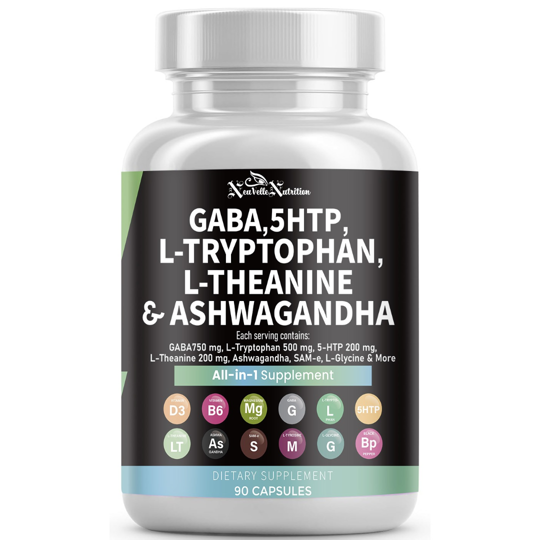 GABA, 5-HTP, L-Tryptophan, L-Theanine, Ashwagandha, Vitamin D3, B6, Magnesium, and Black Pepper 90 Vegan Caps
