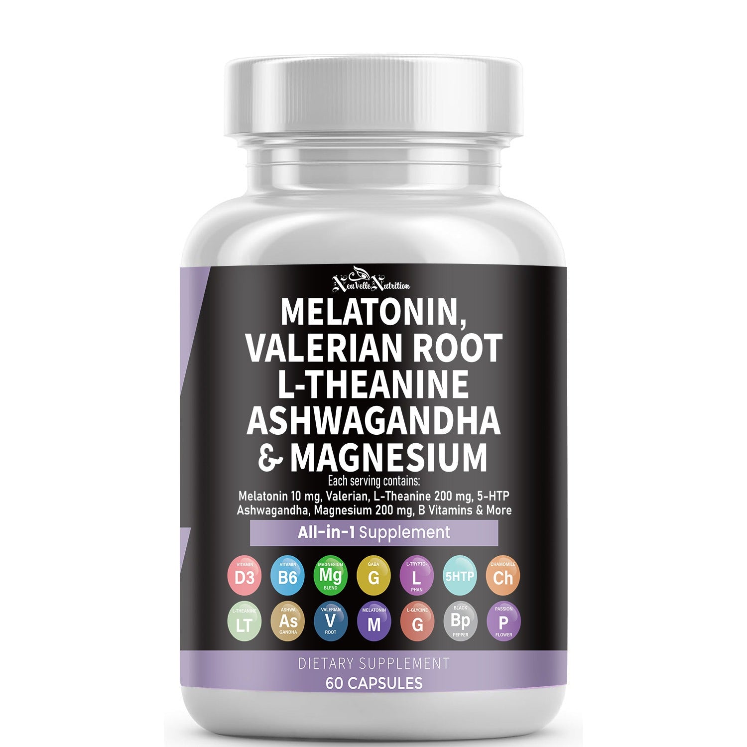 NeuVelle Deep Calm + Sleep Support – All-in-1 Formula with Melatonin, Valerian Root, Ashwagandha, L-Theanine, Magnesium, 5-HTP, GABA, Chamomile & More – Relaxation, Stress Relief & Restful Sleep – 60 Vegan Capsules