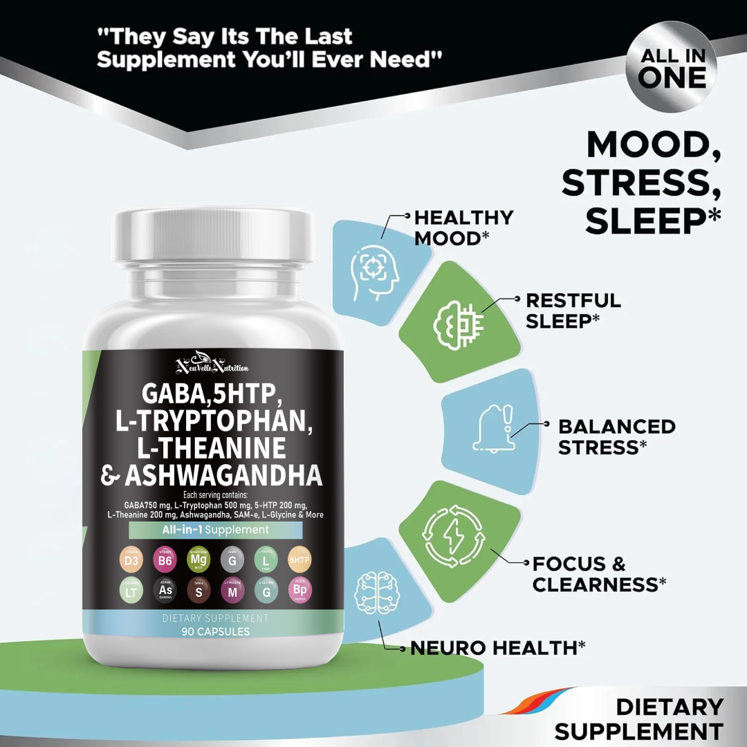GABA, 5-HTP, L-Tryptophan, L-Theanine, Ashwagandha, Vitamin D3, B6, Magnesium, and Black Pepper 90 Vegan Caps