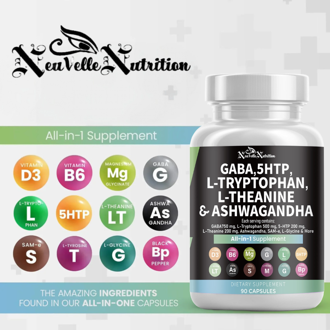 GABA, 5-HTP, L-Tryptophan, L-Theanine, Ashwagandha, Vitamin D3, B6, Magnesium, and Black Pepper 90 Vegan Caps