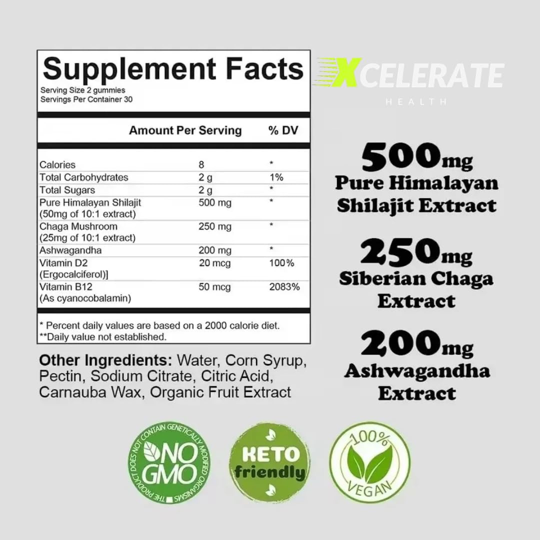 Xcelerate Health Shilajit, Ashwagandha & Chaga Mushroom Tasty Superfood Gummies