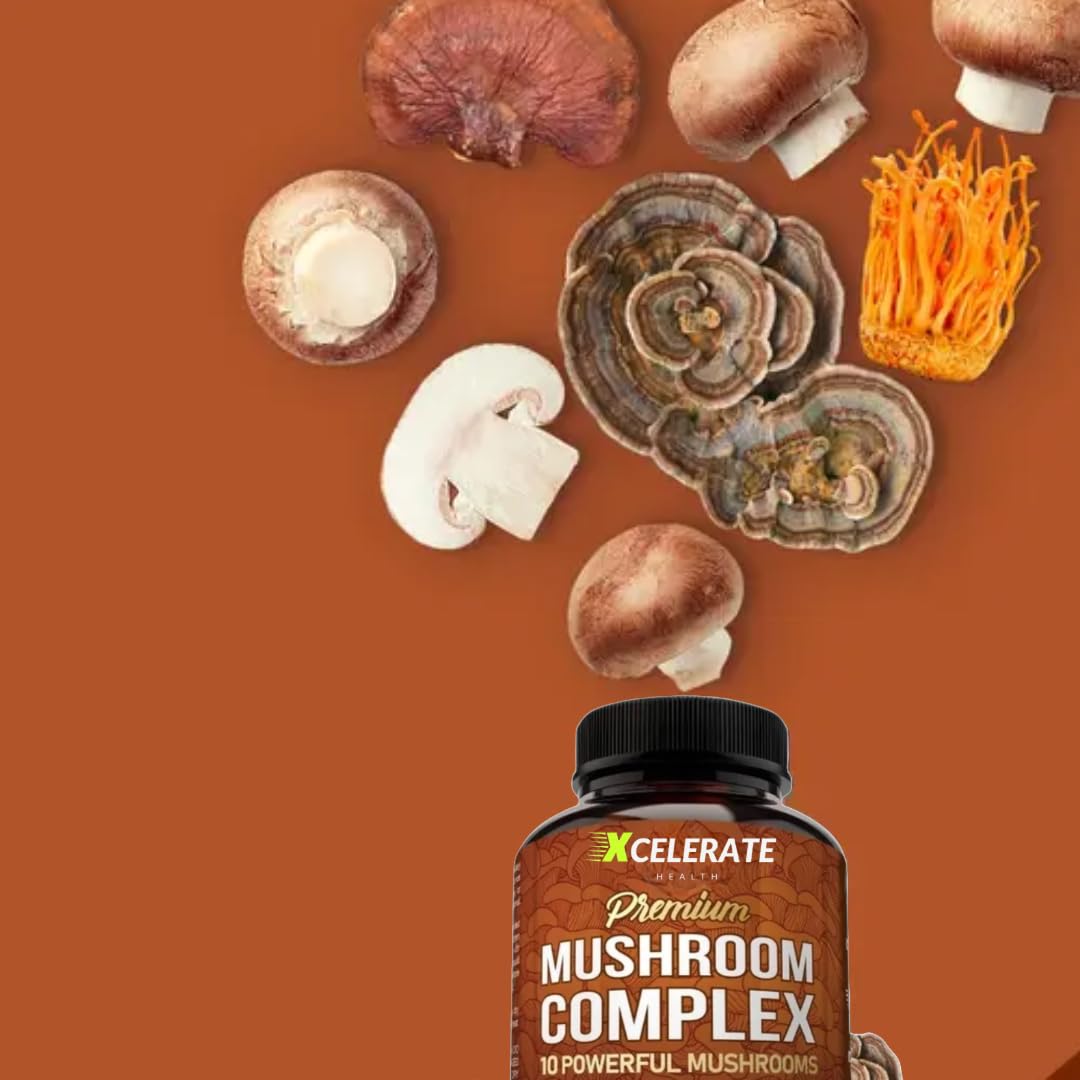 Xcelerate Health 10-in-1 Mushroom Complex Capsules – Lion’s Mane, Cordyceps, Reishi, Turkey Tail, Shiitake, Maitake, Royal Sun, White Button, Black Fungus & More – Immune, Focus & Energy Support