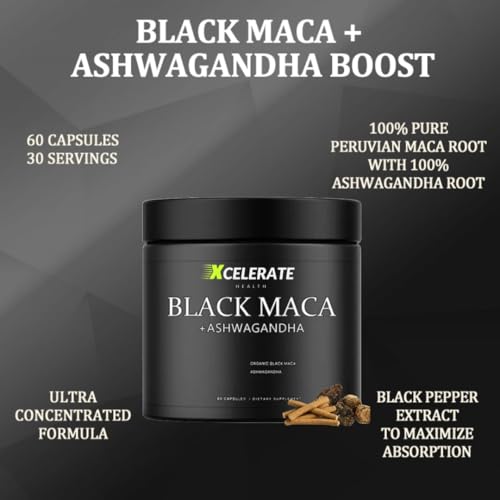 Xcelerate Health PowerBoost 40:1 Extract Black Maca + Ashwagandha by – Energy, Focus, Libido & Vitality Support – Herbal Adaptogen Blend for Men & Women – 60 CAPS 40,000 MG