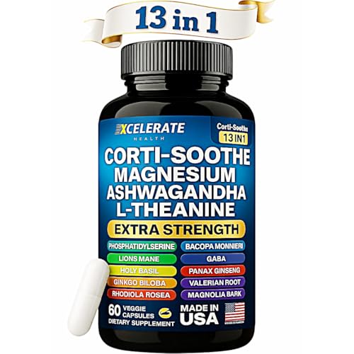 13 in 1 Corti-Soothe Ashwagandha, Holy Basil, Lion’s Mane, Magnesium, L-Theanine, Ginseng, Valerian Root, Magnolia Bark, Ginkgo Biloba, Panax Ginseng GABA Cortisol Supplement