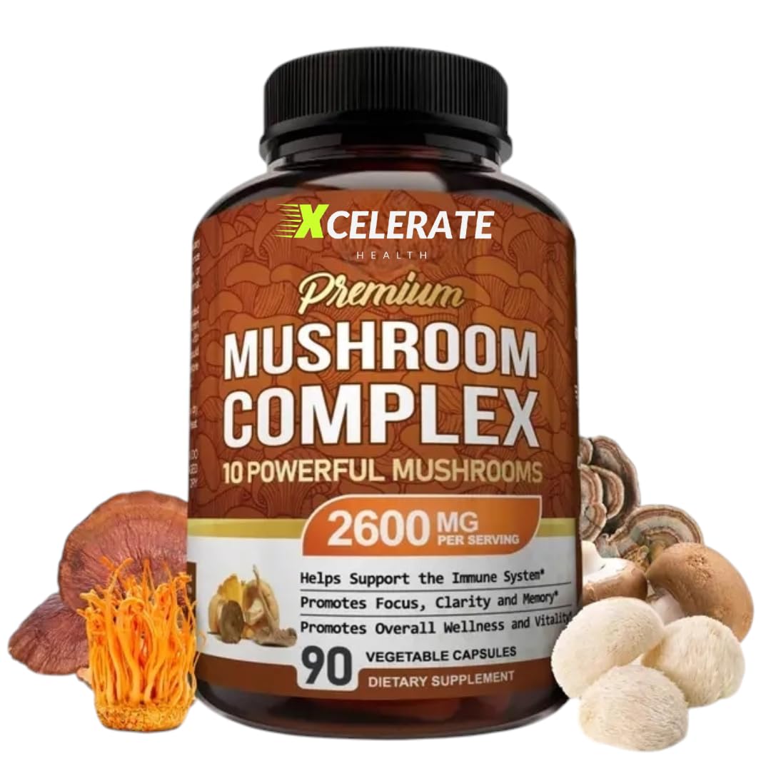 Xcelerate Health 10-in-1 Mushroom Complex Capsules – Lion’s Mane, Cordyceps, Reishi, Turkey Tail, Shiitake, Maitake, Royal Sun, White Button, Black Fungus & More – Immune, Focus & Energy Support