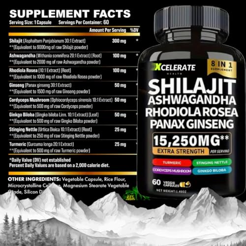 ShilaGandha Shilajit Ashwagandha Ginseng Cordyceps Turmeric Rhodiola Rosea Stinging Nettle Blend - 8 All-in-One Supplement - 2 Month Supply