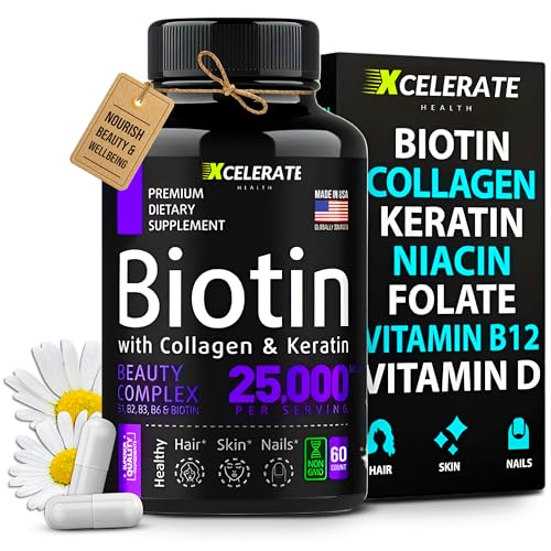 Biotin Collagen Keratin Capsules with Vitamin A, D3, B12, B6, Niacin, Thiamin, Riboflavin, Folate & Zinc – Vital for Hair, Skin & Nails Supplement – Beauty & Wellness Formula by Xcelerate Health