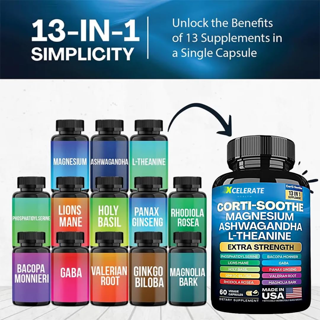 13 in 1 Corti-Soothe Ashwagandha, Holy Basil, Lion’s Mane, Magnesium, L-Theanine, Ginseng, Valerian Root, Magnolia Bark, Ginkgo Biloba, Panax Ginseng GABA Cortisol Supplement
