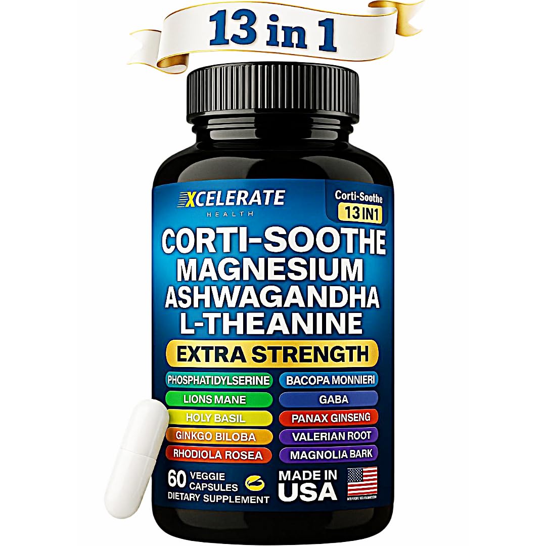 13 in 1 Corti-Soothe Ashwagandha, Holy Basil, Lion’s Mane, Magnesium, L-Theanine, Ginseng, Valerian Root, Magnolia Bark, Ginkgo Biloba, Panax Ginseng GABA Cortisol Supplement