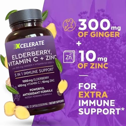 5 in 1 VitalGuard Elderberry Vitamin C Vitamin D Zinc and Ginger for Digestion and Heart Health and Immune Support