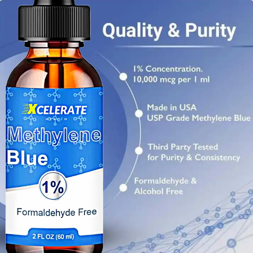 Xcelerate Health Methylene Blue | Formaldehyde-Free, Pharmaceutical Grade | Liquid Dropper Supplement | 1.69 FL OZ | Lab-Tested, Vegan & Non-GMO