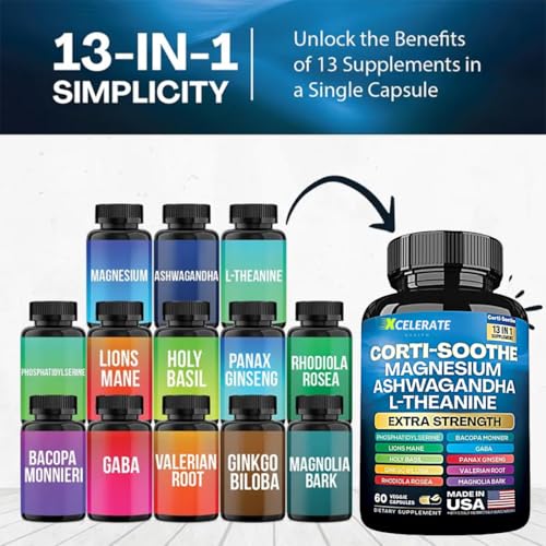 13 in 1 Corti-Soothe Ashwagandha, Holy Basil, Lion’s Mane, Magnesium, L-Theanine, Ginseng, Valerian Root, Magnolia Bark, Ginkgo Biloba, Panax Ginseng GABA Cortisol Supplement
