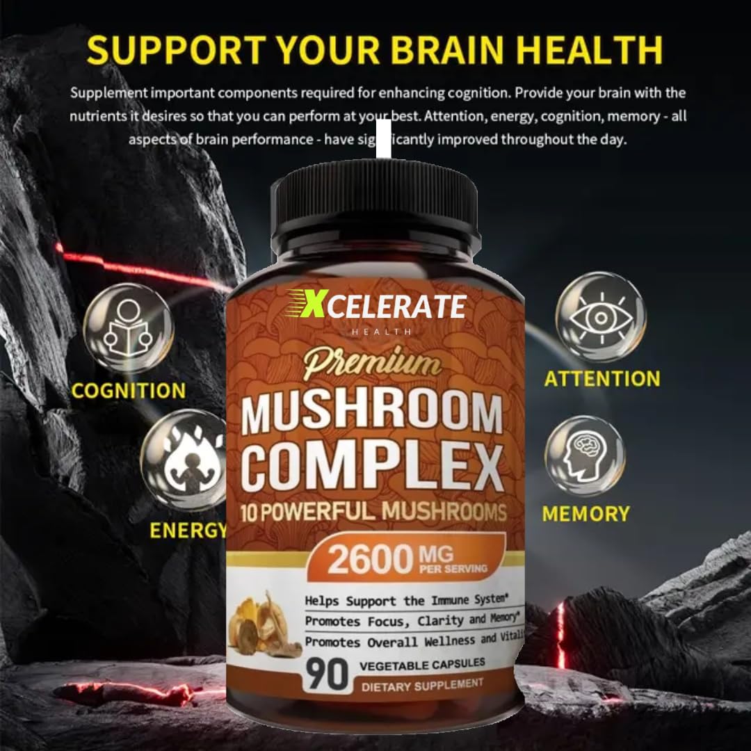 Xcelerate Health 10-in-1 Mushroom Complex Capsules – Lion’s Mane, Cordyceps, Reishi, Turkey Tail, Shiitake, Maitake, Royal Sun, White Button, Black Fungus & More – Immune, Focus & Energy Support