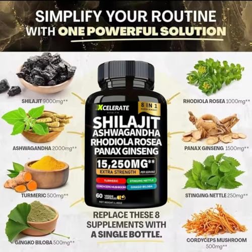 ShilaGandha Shilajit Ashwagandha Ginseng Cordyceps Turmeric Rhodiola Rosea Stinging Nettle Blend - 8 All-in-One Supplement - 2 Month Supply