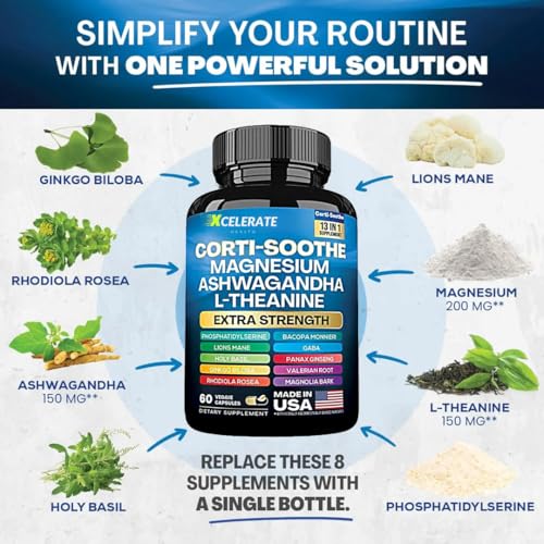 13 in 1 Corti-Soothe Ashwagandha, Holy Basil, Lion’s Mane, Magnesium, L-Theanine, Ginseng, Valerian Root, Magnolia Bark, Ginkgo Biloba, Panax Ginseng GABA Cortisol Supplement