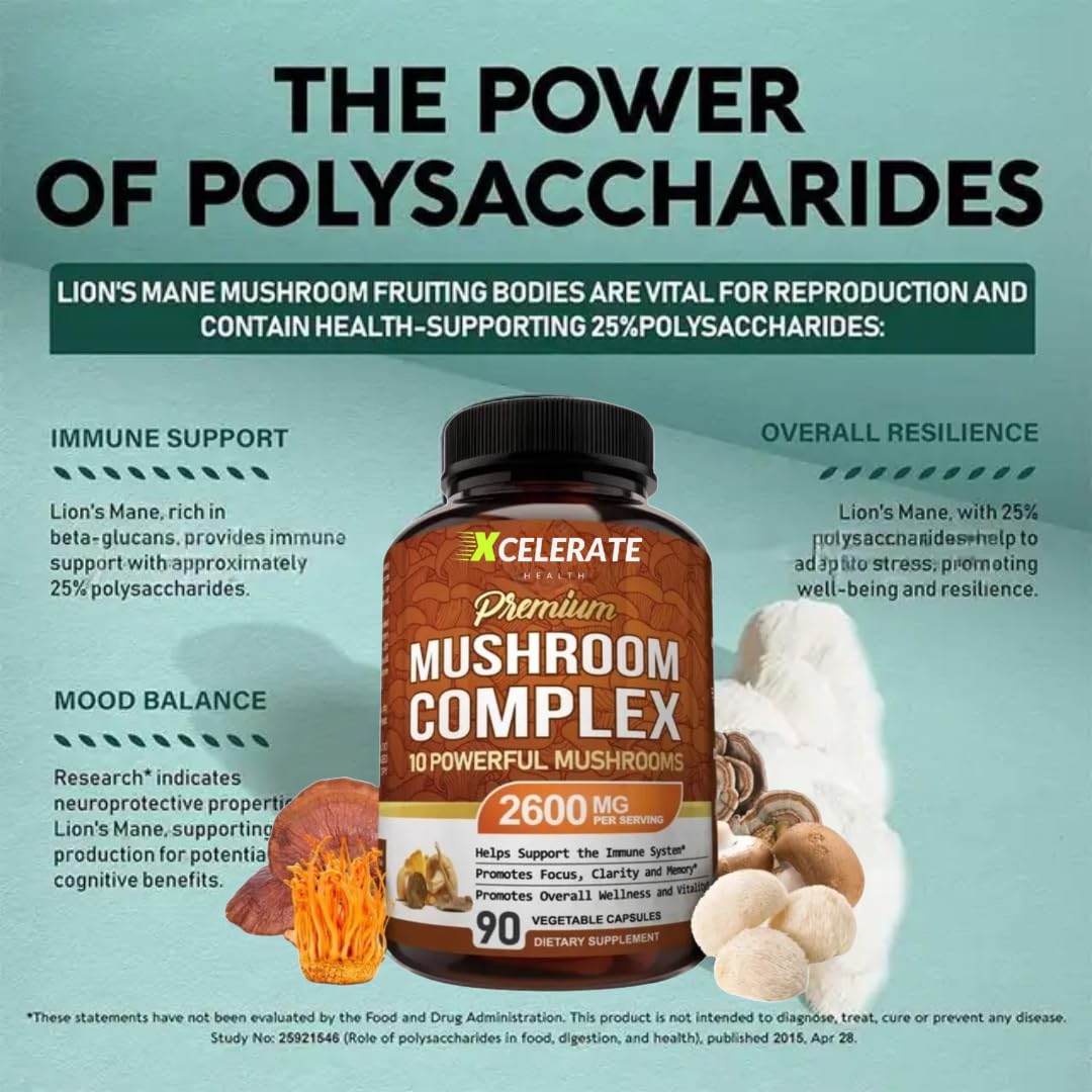 Xcelerate Health 10-in-1 Mushroom Complex Capsules – Lion’s Mane, Cordyceps, Reishi, Turkey Tail, Shiitake, Maitake, Royal Sun, White Button, Black Fungus & More – Immune, Focus & Energy Support