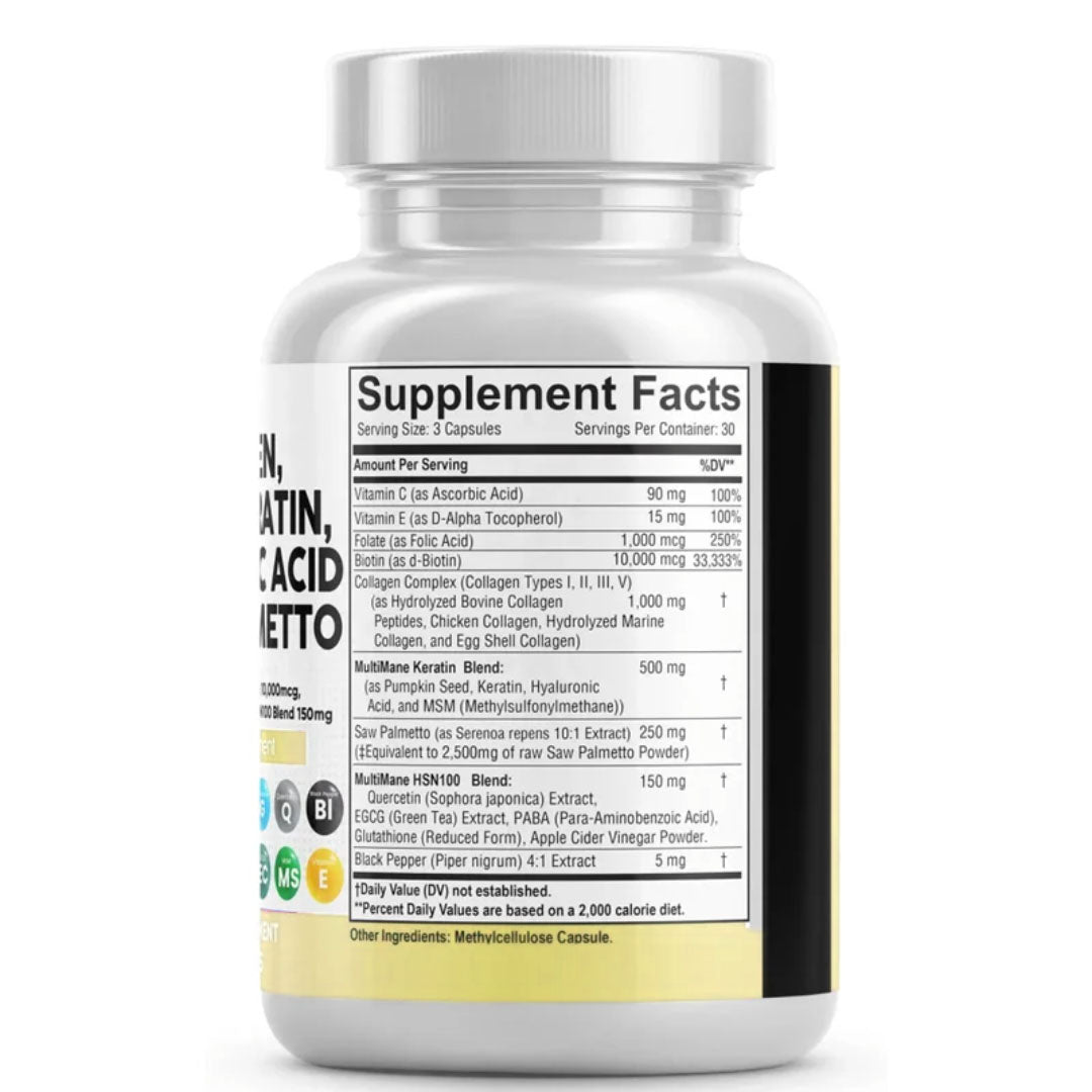 Collagen, Biotin, Keratin, Hyaluronic Acid, Saw Palmetto, Vitamin C, PABA, Pumpkin Seed, Quercetin, ACV, Folate, MSM, Vitamin E & Black Pepper – 90 Capsules
