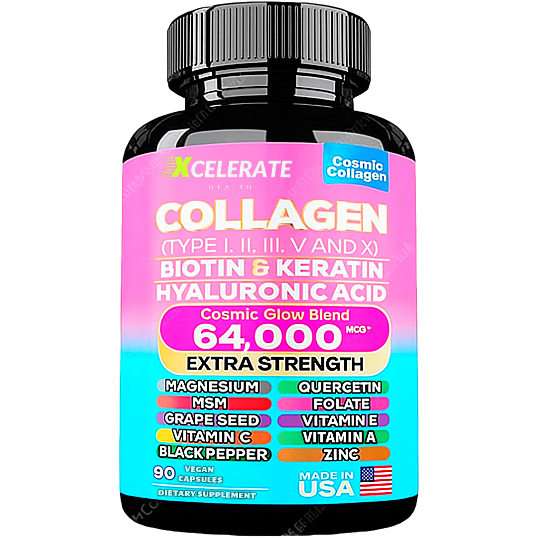 Cosmic Glow Blend Collagen Peptides Types I, II, III, V & X MCG Biotin Keratin Hyaluronic Acid MSM Vitamin A Vitamin C Vitamin E Folic Acid Zinc Magnesium with Grape Seed, (90 CAPS)