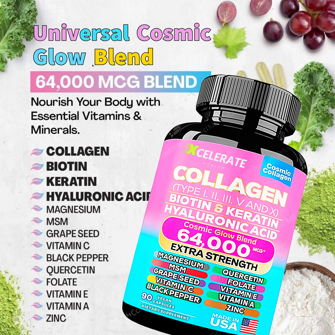 Cosmic Glow Blend Collagen Peptides Types I, II, III, V & X MCG Biotin Keratin Hyaluronic Acid MSM Vitamin A Vitamin C Vitamin E Folic Acid Zinc Magnesium with Grape Seed, (90 CAPS)