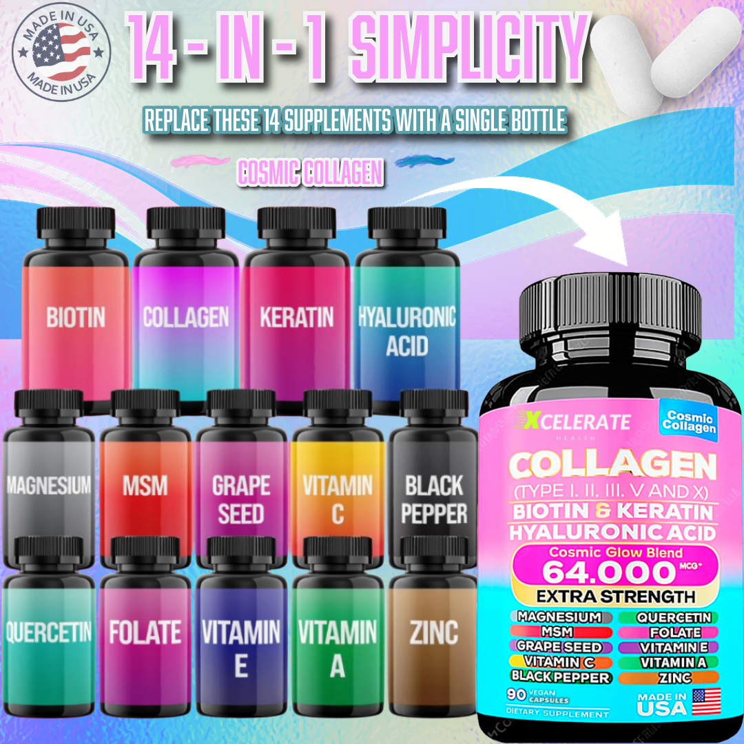 Cosmic Glow Blend Collagen Peptides Types I, II, III, V & X MCG Biotin Keratin Hyaluronic Acid MSM Vitamin A Vitamin C Vitamin E Folic Acid Zinc Magnesium with Grape Seed, (90 CAPS)