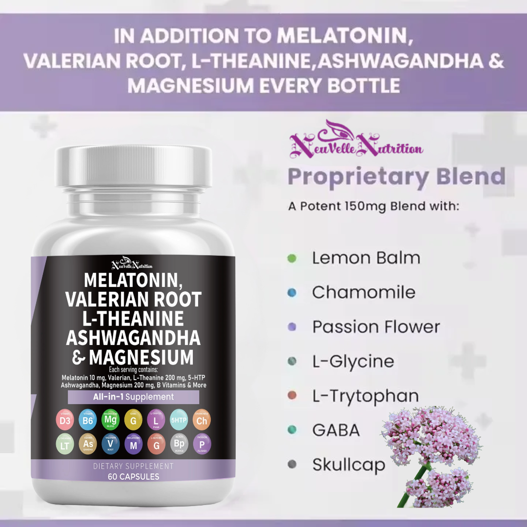 NeuVelle Deep Calm + Sleep Support – All-in-1 Formula with Melatonin, Valerian Root, Ashwagandha, L-Theanine, Magnesium, 5-HTP, GABA, Chamomile & More – Relaxation, Stress Relief & Restful Sleep – 60 Vegan Capsules