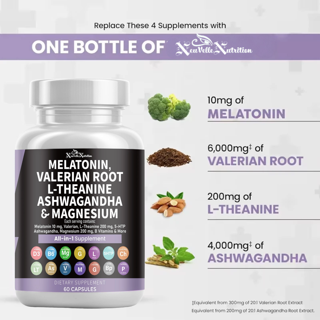 NeuVelle Deep Calm + Sleep Support – All-in-1 Formula with Melatonin, Valerian Root, Ashwagandha, L-Theanine, Magnesium, 5-HTP, GABA, Chamomile & More – Relaxation, Stress Relief & Restful Sleep – 60 Vegan Capsules
