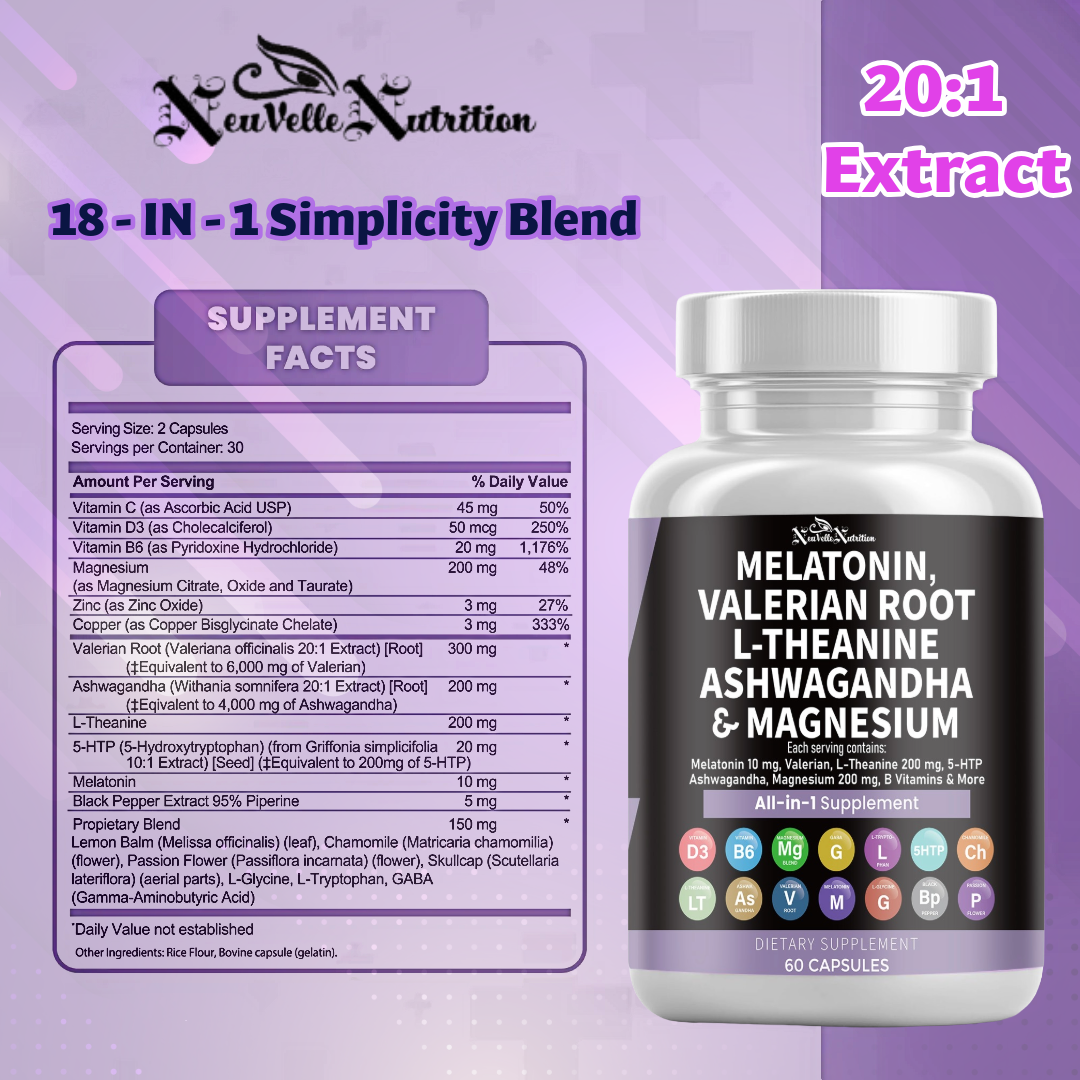 NeuVelle Deep Calm + Sleep Support – All-in-1 Formula with Melatonin, Valerian Root, Ashwagandha, L-Theanine, Magnesium, 5-HTP, GABA, Chamomile & More – Relaxation, Stress Relief & Restful Sleep – 60 Vegan Capsules