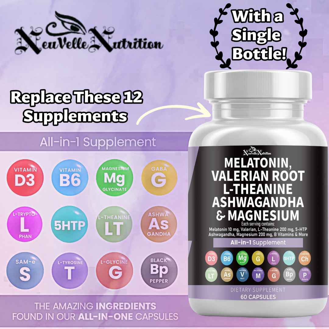 NeuVelle Deep Calm + Sleep Support – All-in-1 Formula with Melatonin, Valerian Root, Ashwagandha, L-Theanine, Magnesium, 5-HTP, GABA, Chamomile & More – Relaxation, Stress Relief & Restful Sleep – 60 Vegan Capsules