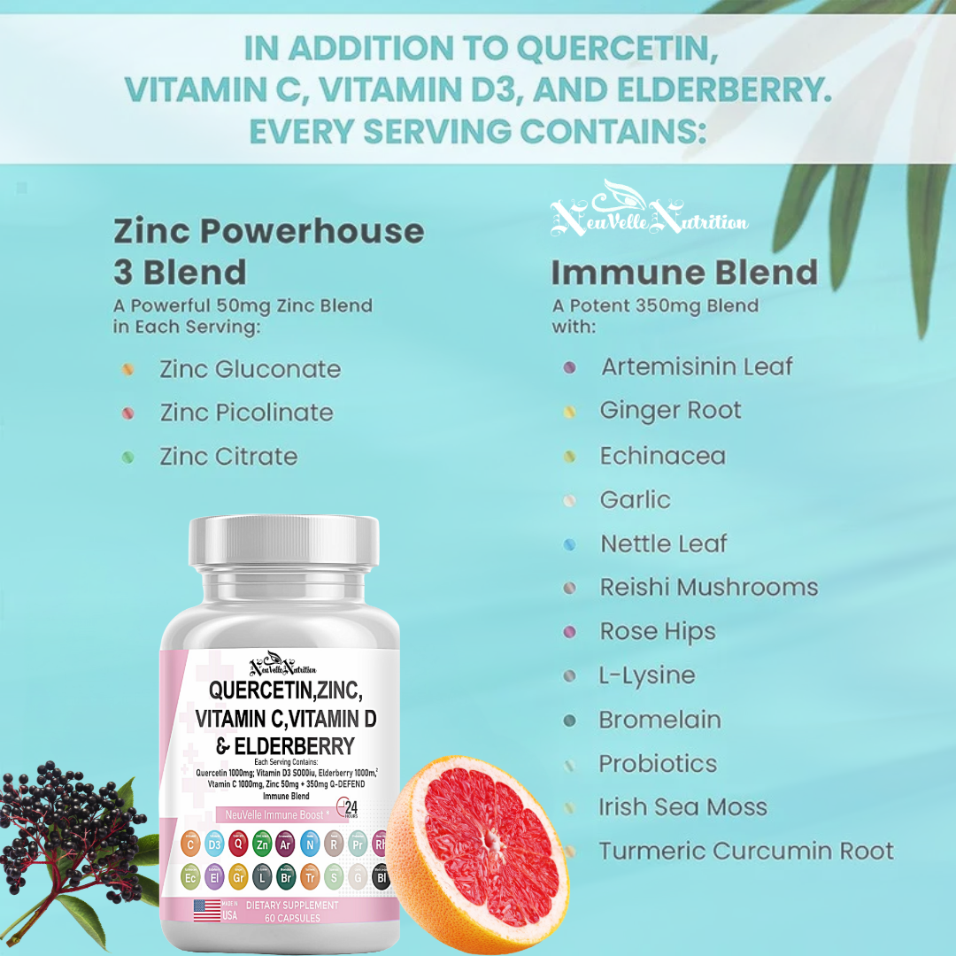 Quercetin, Zinc, Vitamin C, D, Elderberry, Ginger, Bromelain, Turmeric, Nettle, Reishi, Sea Moss, Garlic, Rose Hips & Black Pepper – 60 Vegan Capsules - ImmuneShield Complete Immune Support