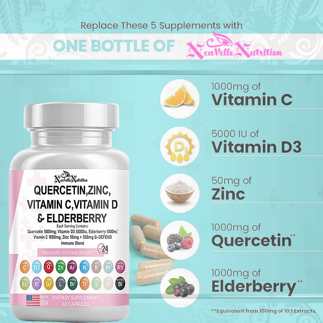 Quercetin, Zinc, Vitamin C, D, Elderberry, Ginger, Bromelain, Turmeric, Nettle, Reishi, Sea Moss, Garlic, Rose Hips & Black Pepper – 60 Vegan Capsules - ImmuneShield Complete Immune Support