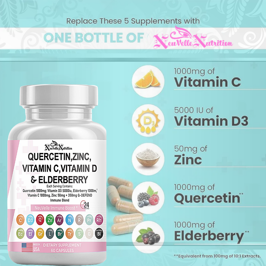 Quercetin, Zinc, Vitamin C, D, Elderberry, Ginger, Bromelain, Turmeric, Nettle, Reishi, Sea Moss, Garlic, Rose Hips & Black Pepper – 60 Vegan Capsules - ImmuneShield Complete Immune Support