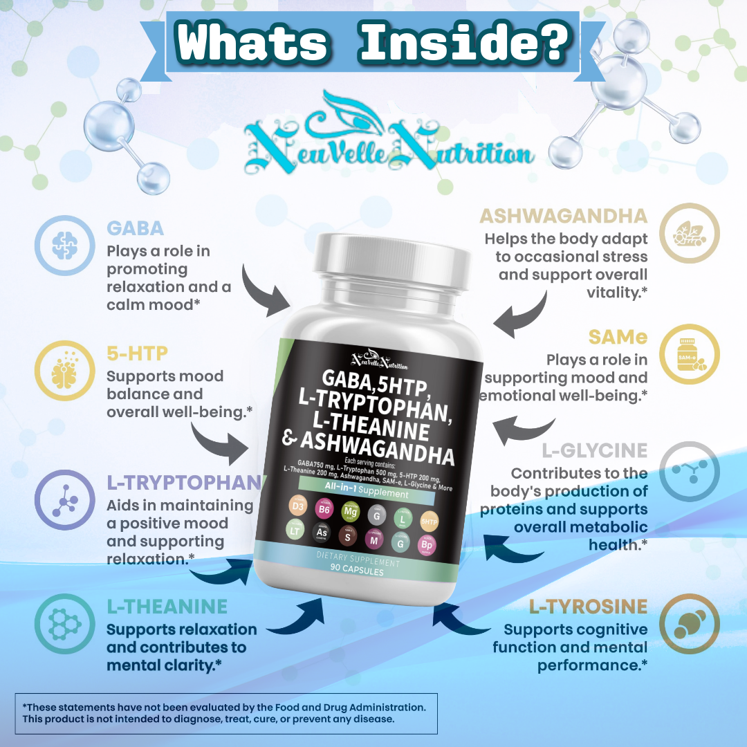 GABA, 5-HTP, L-Tryptophan, L-Theanine, Ashwagandha, Vitamin D3, B6, Magnesium, and Black Pepper 90 Vegan Caps