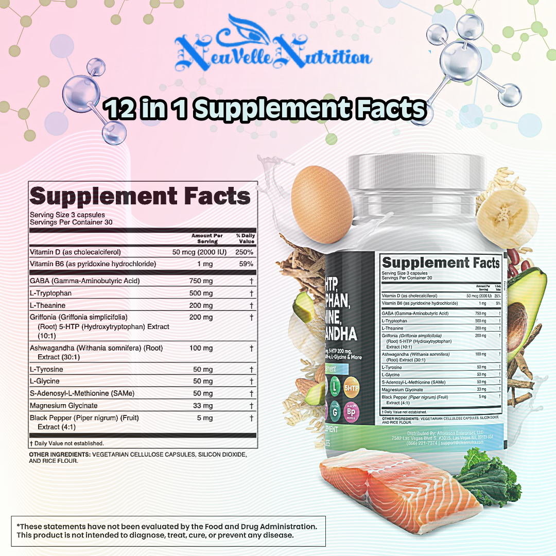 GABA, 5-HTP, L-Tryptophan, L-Theanine, Ashwagandha, Vitamin D3, B6, Magnesium, and Black Pepper 90 Vegan Caps