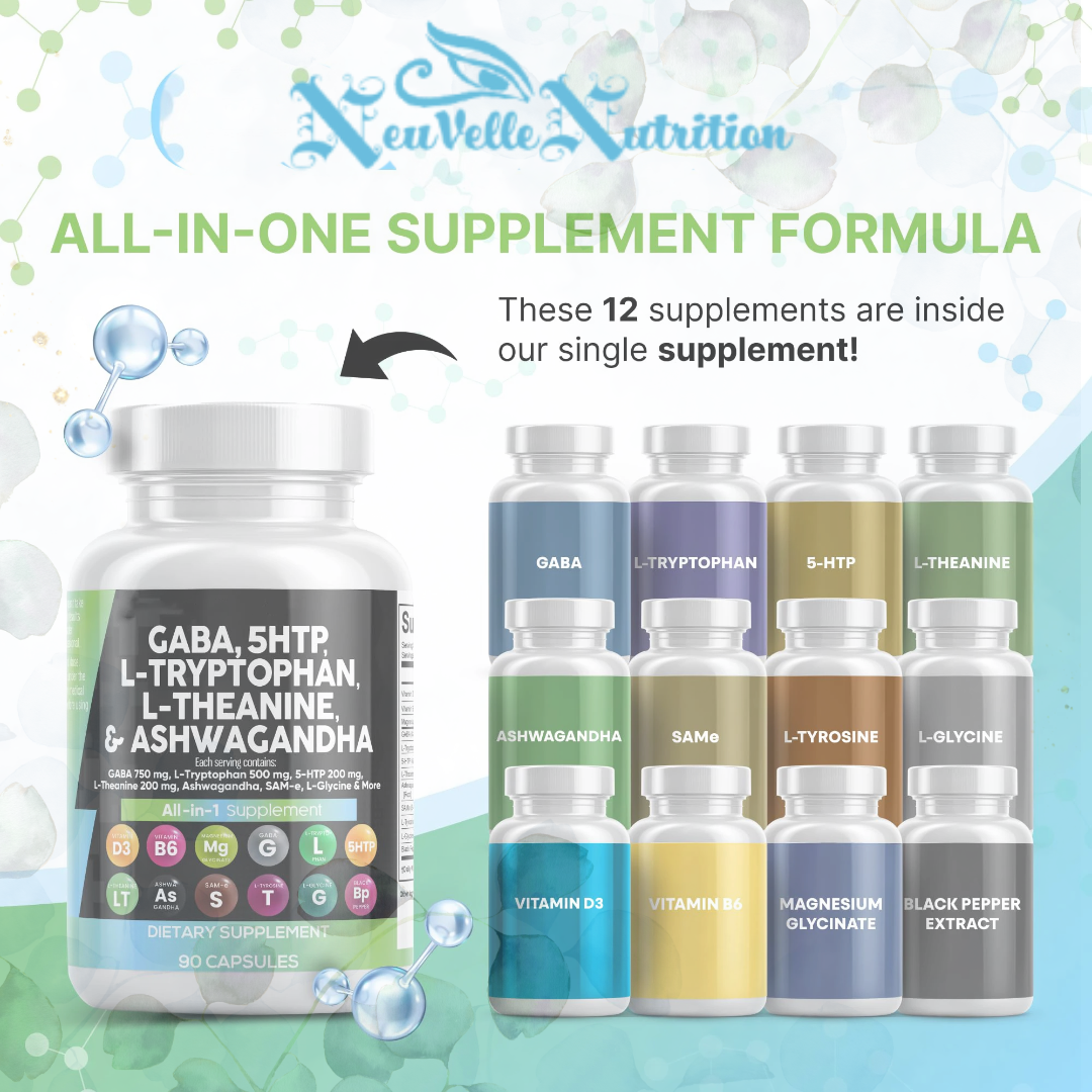 GABA, 5-HTP, L-Tryptophan, L-Theanine, Ashwagandha, Vitamin D3, B6, Magnesium, and Black Pepper 90 Vegan Caps