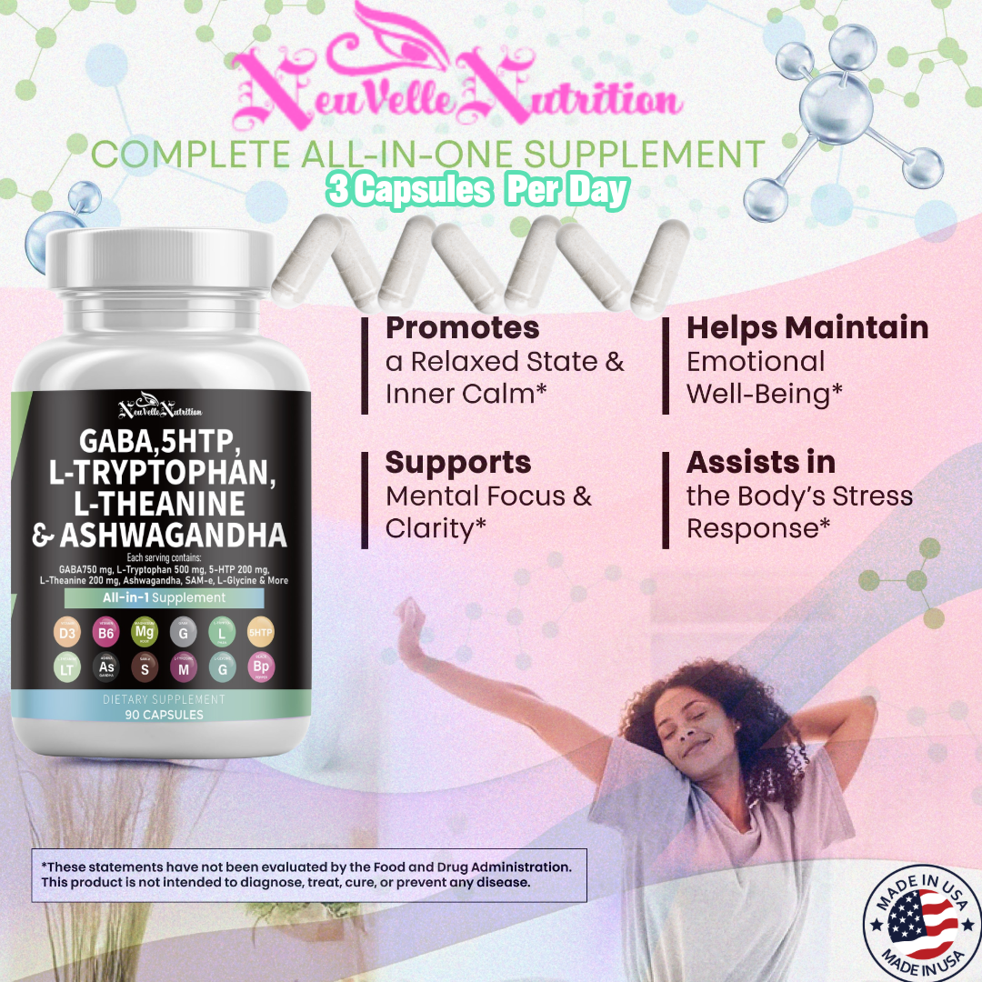 GABA, 5-HTP, L-Tryptophan, L-Theanine, Ashwagandha, Vitamin D3, B6, Magnesium, and Black Pepper 90 Vegan Caps