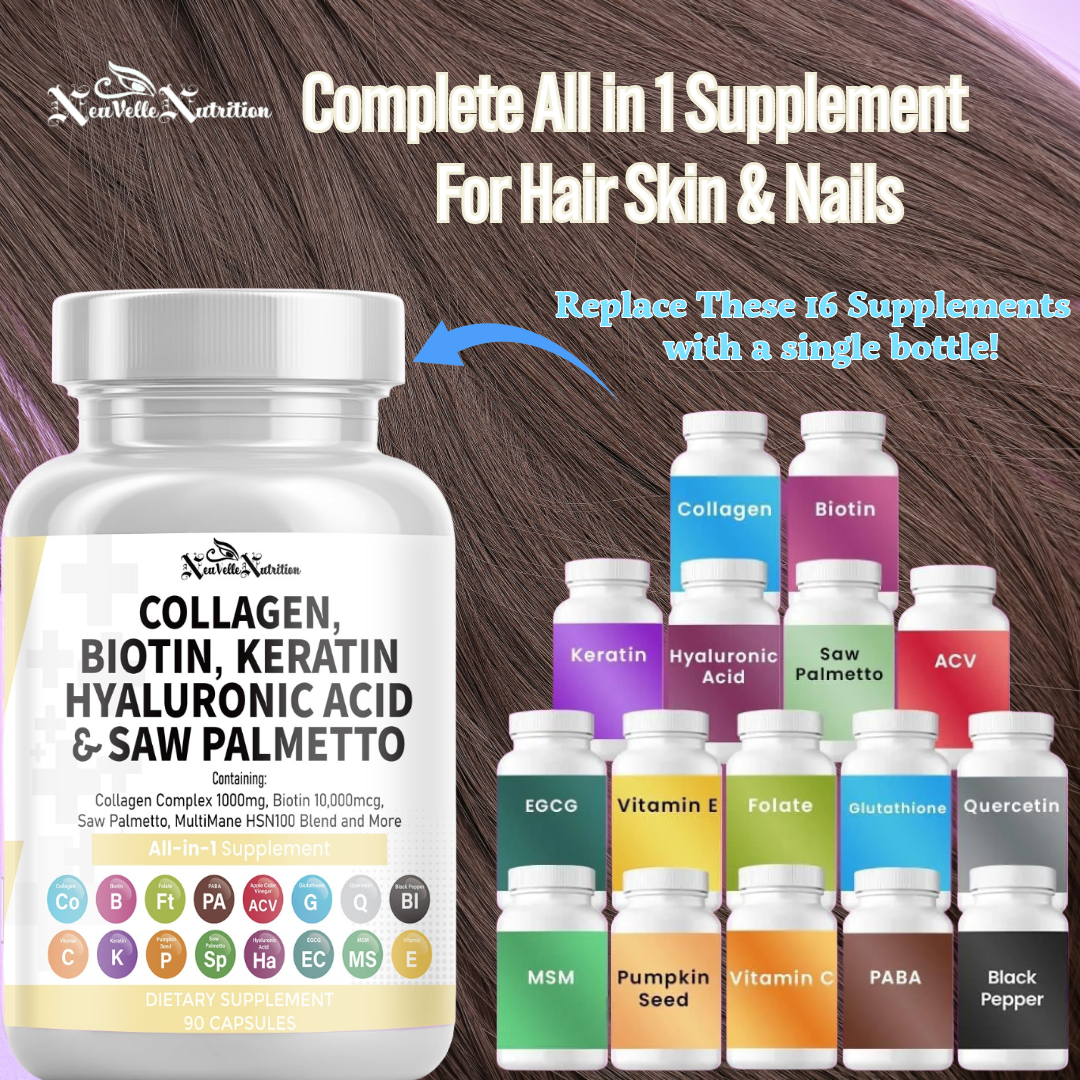 Collagen, Biotin, Keratin, Hyaluronic Acid, Saw Palmetto, Vitamin C, PABA, Pumpkin Seed, Quercetin, ACV, Folate, MSM, Vitamin E & Black Pepper – 90 Capsules