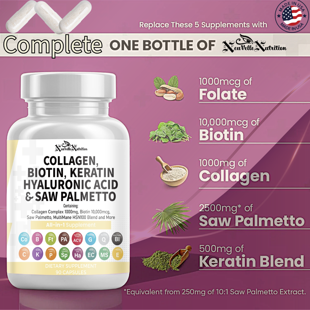 Collagen, Biotin, Keratin, Hyaluronic Acid, Saw Palmetto, Vitamin C, PABA, Pumpkin Seed, Quercetin, ACV, Folate, MSM, Vitamin E & Black Pepper – 90 Capsules