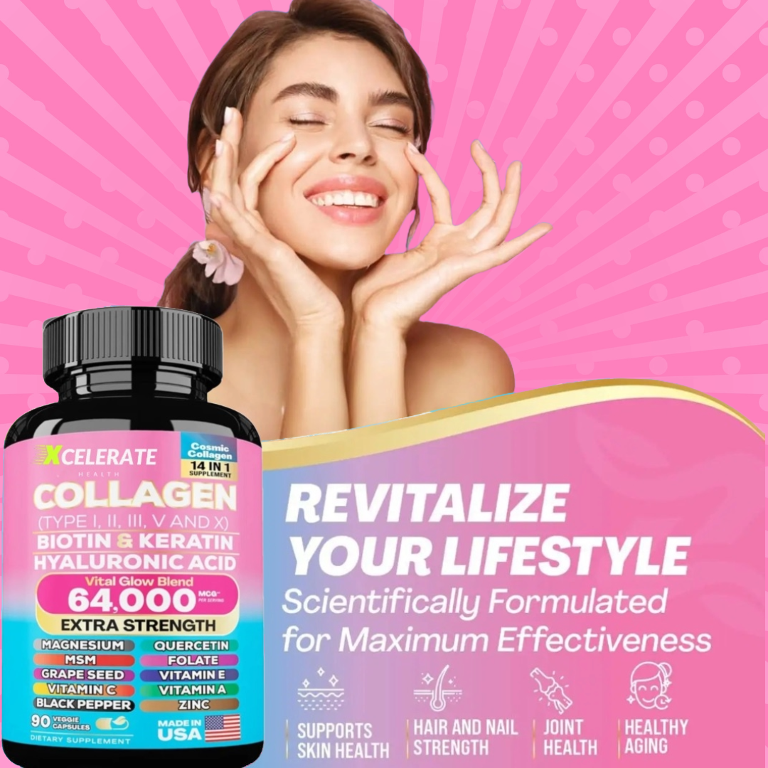 Cosmic Glow Blend Collagen Peptides Types I, II, III, V & X MCG Biotin Keratin Hyaluronic Acid MSM Vitamin A Vitamin C Vitamin E Folic Acid Zinc Magnesium with Grape Seed, (90 CAPS)