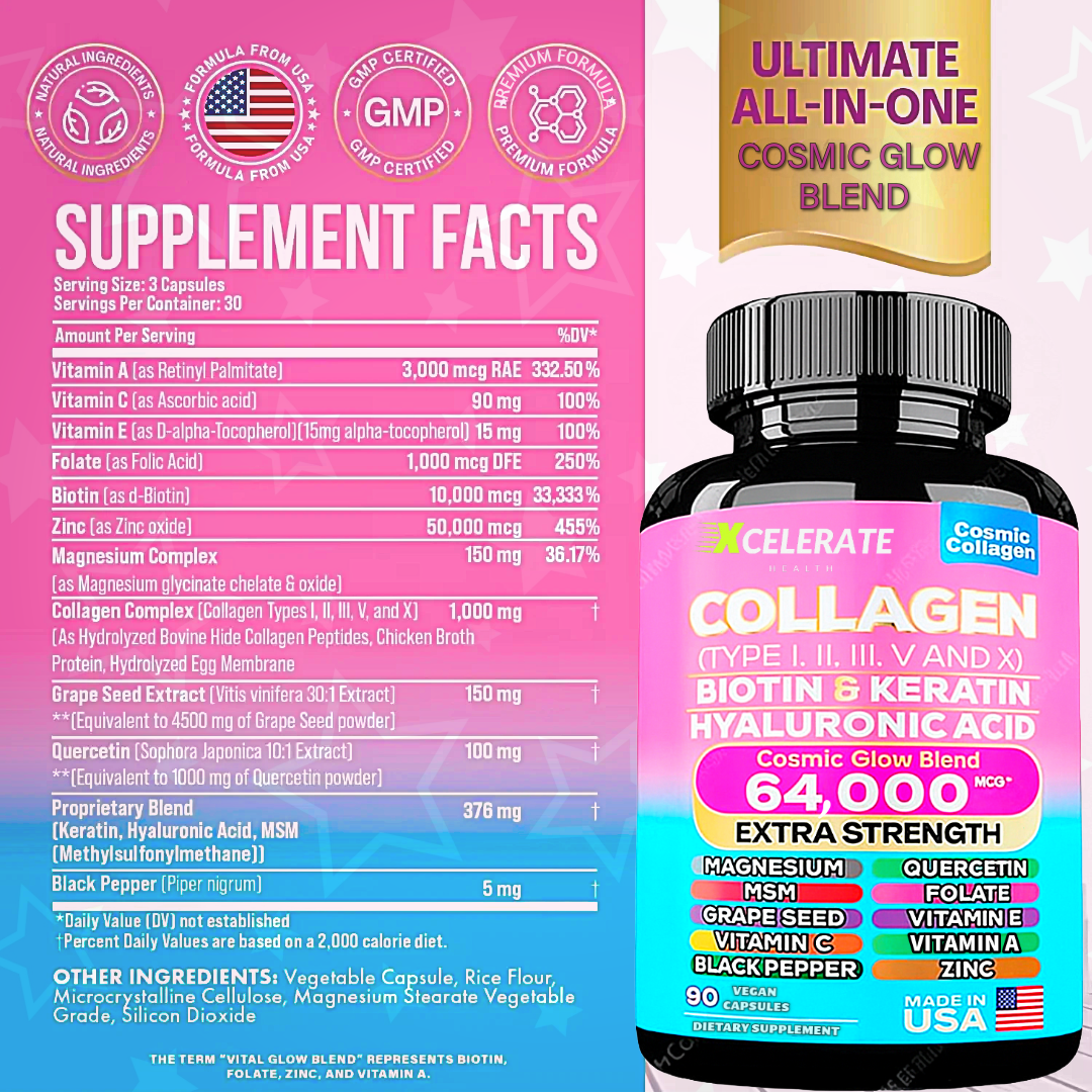 Cosmic Glow Blend Collagen Peptides Types I, II, III, V & X MCG Biotin Keratin Hyaluronic Acid MSM Vitamin A Vitamin C Vitamin E Folic Acid Zinc Magnesium with Grape Seed, (90 CAPS)