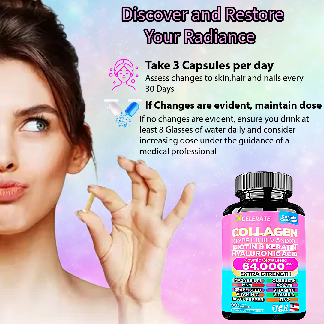 Cosmic Glow Blend Collagen Peptides Types I, II, III, V & X MCG Biotin Keratin Hyaluronic Acid MSM Vitamin A Vitamin C Vitamin E Folic Acid Zinc Magnesium with Grape Seed, (90 CAPS)