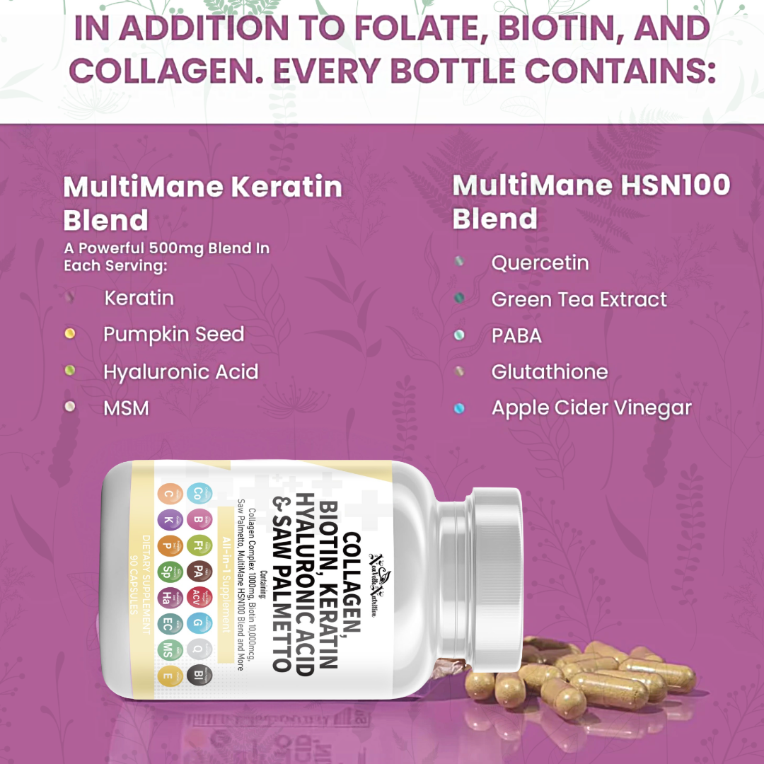 Collagen, Biotin, Keratin, Hyaluronic Acid, Saw Palmetto, Vitamin C, PABA, Pumpkin Seed, Quercetin, ACV, Folate, MSM, Vitamin E & Black Pepper – 90 Capsules